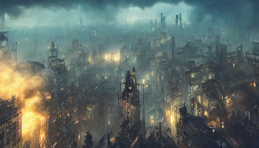 Image similar to Dieselpunk city panoramic view, bird's eye, steam, epic composition, intricate, elegant, volumetric lighting, digital painting, highly detailed, artstation, sharp focus, illustration, concept art, ruan jia, steve mccurry