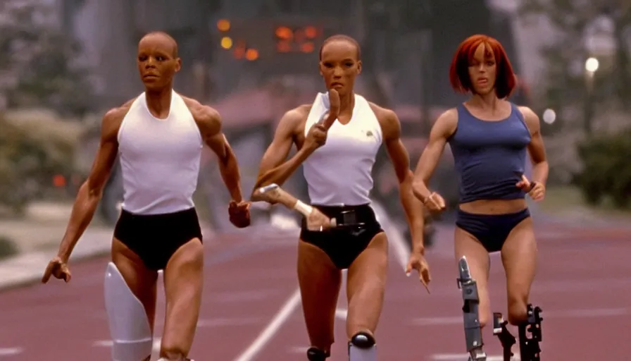 Image similar to The matrix, LeeLoo, Starship Troopers, Olivia Pope, 1960's Olympics footage, hurdlers in a race with robotic legs, intense moment, cinematic stillframe, backlit, The fifth element, vintage robotics, formula 1, starring Geena Davis, clean lighting