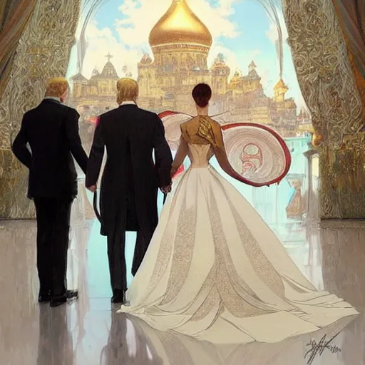 Image similar to vladimir putin marrying donald trump, elegant, highly detailed, digital painting, artstation, concept art, smooth, sharp focus, illustration, art by artgerm and greg rutkowski and alphonse mucha