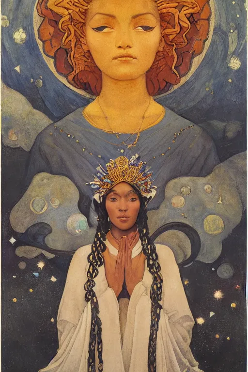 Prompt: queen of the moon with stars in her hair by Nicholas Roerich and Annie Swynnerton and Diego Rivera and jean delville and Carl Larsson, dramatic cinematic lighting , dark skin and natural afro hair, silver jewelry, ornate headdress, flowing robes, sacred artifacts, lost civilizations, smooth, sharp focus, extremely detailed