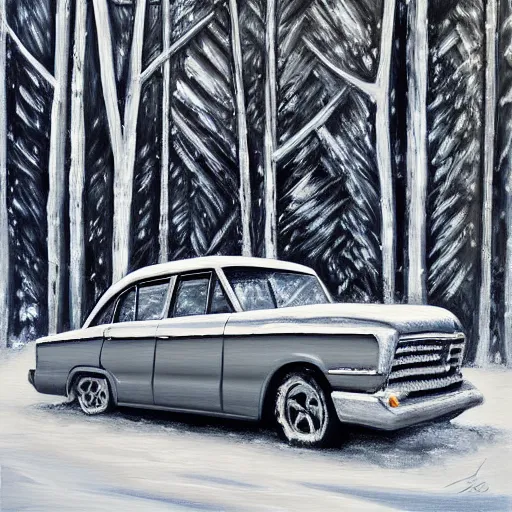 Image similar to rusty ford bel air in winter forest, grey scale, oil painting by Bob Ross