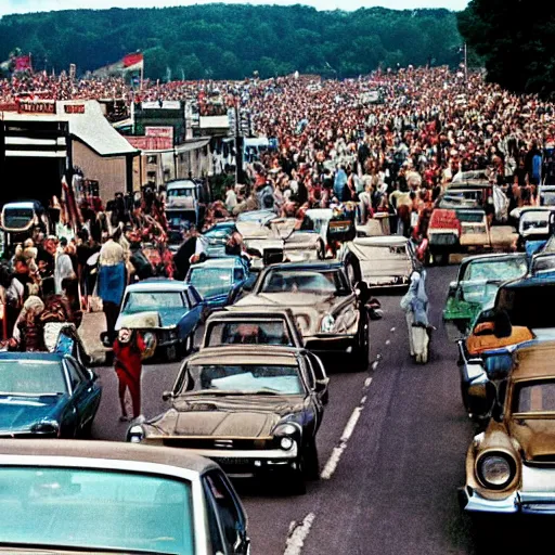 Image similar to people and cars heading to woodstock, 1 9 6 9, 8 k, 7 0's color