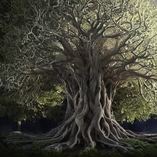 Image similar to full body pose, hyperrealistic photograph of the tree of life, dim volumetric lighting, 8 k, octane beautifully detailed render, extremely hyper detailed, intricate, epic composition, cinematic lighting, masterpiece, trending on artstation, very very detailed, stunning, hdr, smooth, sharp focus, high resolution, award, winning photo, dslr, 5 0 mm