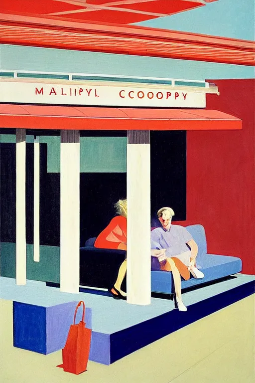 Prompt: Sunday Evening at the mall by David Hockney, Edward Hopper, 1958, exhibition catalog