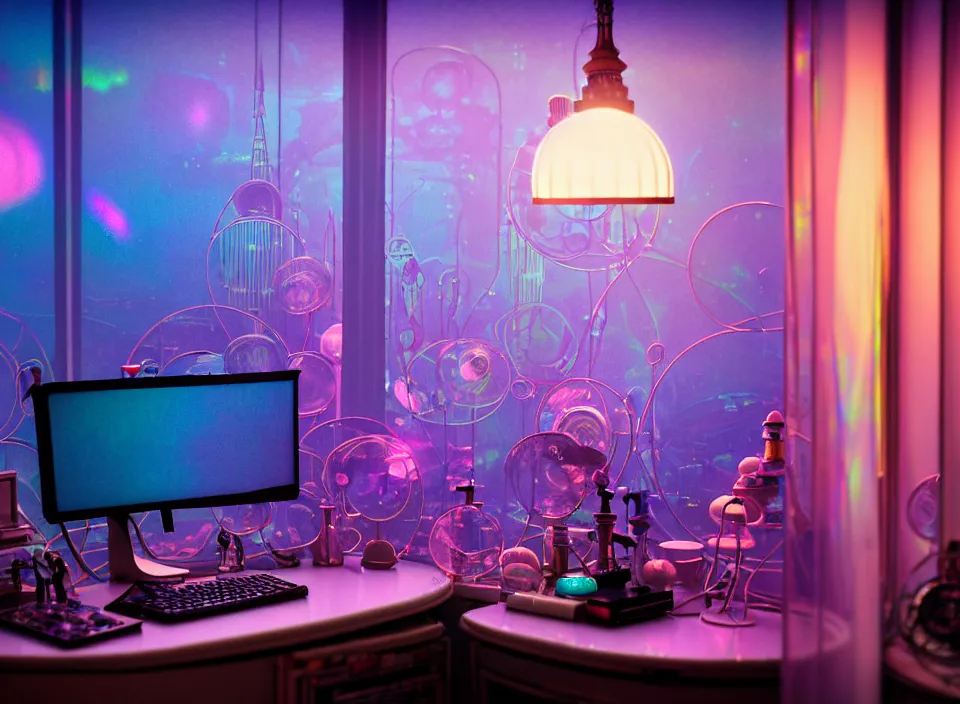 Image similar to telephoto 7 0 mm f / 2. 8 iso 2 0 0 photograph depicting the experience of dreamstate in a cosy cluttered french sci - fi ( art nouveau ) cyberpunk apartment in a pastel dreamstate art cinema style. ( iridescent terrarium, computer screens, window, leds, lamp, ( ( ( bed ) ) ) ), ambient light.