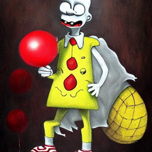 Image similar to grunge painting of spongebob with a wide smile and a red balloon by chris leib, loony toons style, pennywise style, corpse bride style, horror theme, detailed, elegant, intricate