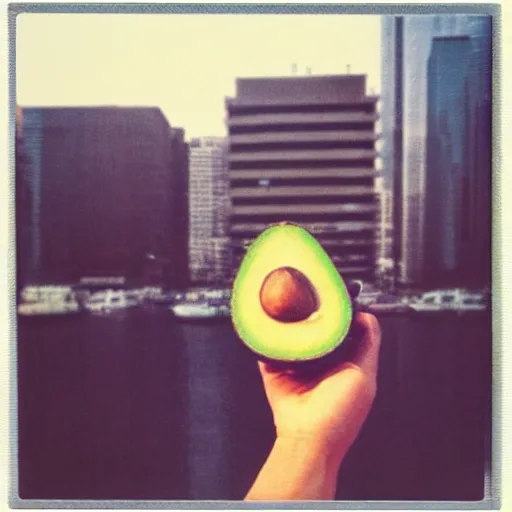 Image similar to “a city inside an avocado, Polaroid photograph”