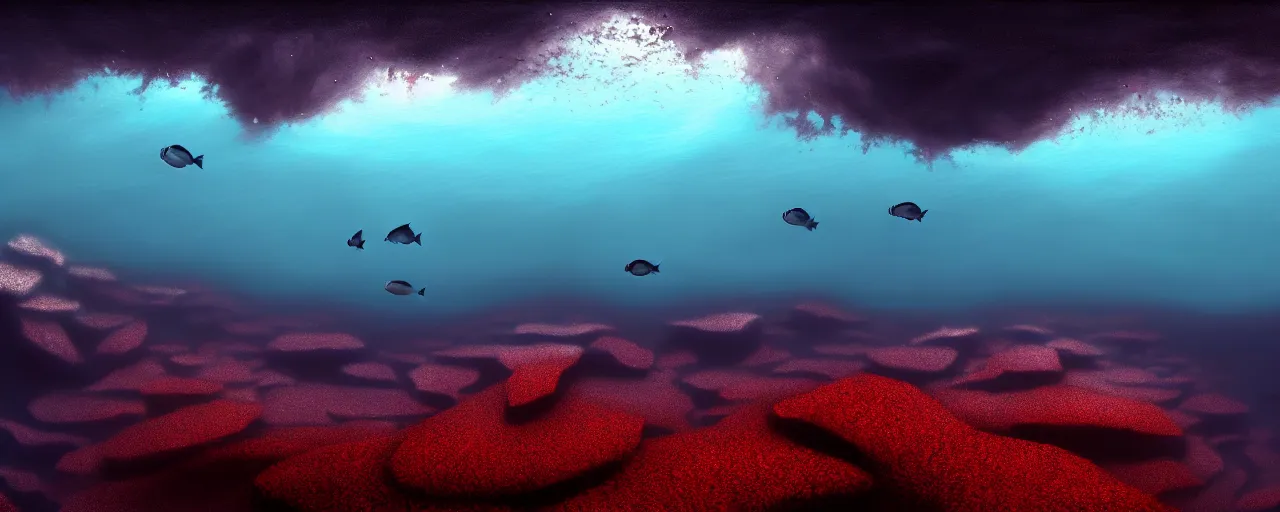 Image similar to A gorgeous detailed oil of a dark red sea covered in big blue steep rocks, a school of piranhas underwater, the further away the mistier it gets, surreal, concept art, dark aesthetic, atmospheric, moody, hyperrealism, highly detailed, masterpiece, award winning, 4k, unreal engine