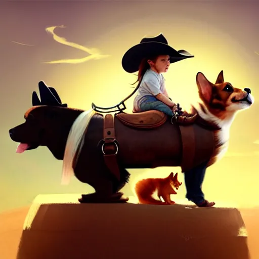 Image similar to tiny cat girl in cowboy hat riding on the back of a giant corgi by greg rutkowski