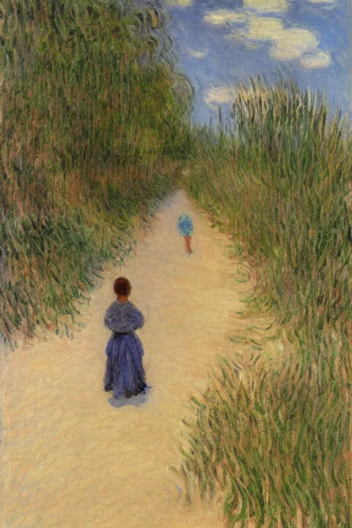 Prompt: a man walking with his child over his shoulders near the beach, anatomically correct, painting by monet, masterpiece