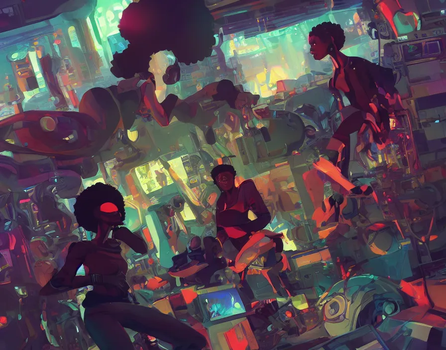 Image similar to afro - futuristic gamers, game consoles and joysticks, hacking the multiverse of gaming | hyperrealistic oil painting | by makoto shinkai, ilya kuvshinov, lois van baarle, rossdraws | afrofuturism, in the style of ernie barnes, trending on artstation | dark color scheme