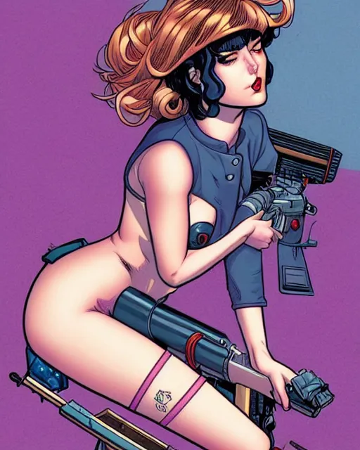 Prompt: comic cover art of a seductive girl sitting on a missile, inspired by gunsmith cats and tank girl, illustration by jenny frison and sana takeda, intricate details, stunning inking lines, stunning gradient colors, 4 k, hd, artstation