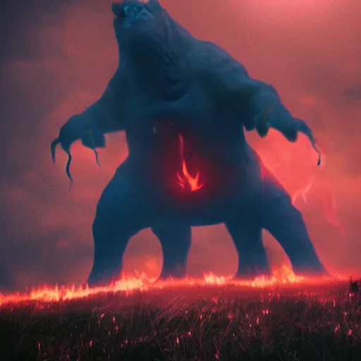 Image similar to low - resolution filmstill of a kaiju monster, fog, smoke, fire, red and blue hues, thriller, underdeveloped, flare, epic, dramatic