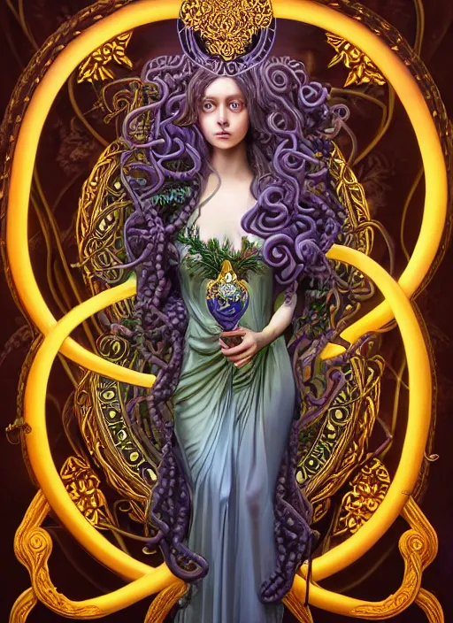 Prompt: professionally-painted ultradetailed ornate RPG award winning masterpiece illustration of beautiful symmetrical Medusa radiating glowing aura, fully clothed with an art nouveau flowery dress, digital airbrush painting, 3d rim light, hyperrealistic, artstation, cgsociety, kodakchrome, golden ratio