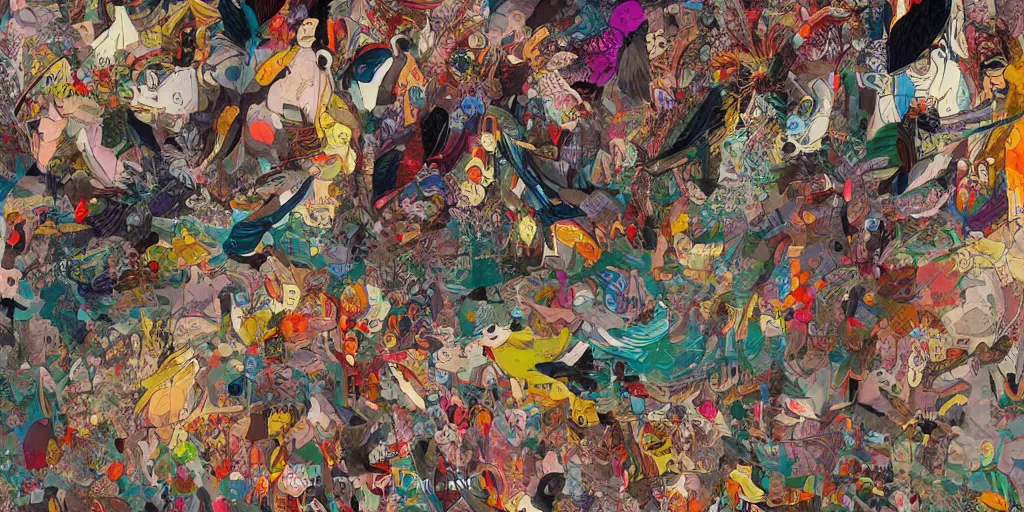 Image similar to colorful illustration of a million fighting roosters, mix of styles, collage of styles, abstract, surreal, intricate, highly detailed, ghost in the shell color scheme