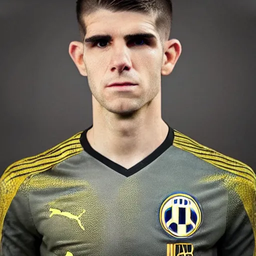 Image similar to “a realistic detailed photo of a guy who is an attractive humanoid who is half robot and half humanoid, who is a male android, Christian Pulisic, shiny skin, posing like a statue, blank stare, on display”