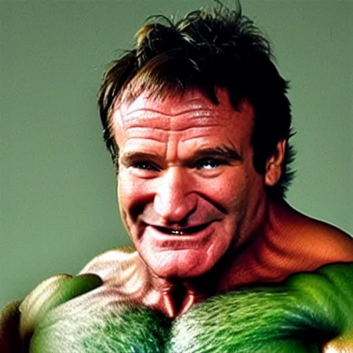 Image similar to robin williams as the hulk, smiling