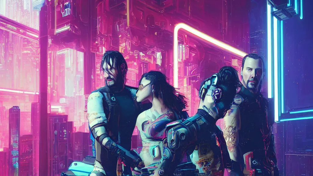 Image similar to a cyberpunk 2077 srcreenshot couple portrait of Keanu Reeves female android in love story,film lighting,by Laurie Greasley,Lawrence Alma-Tadema,Dan Mumford,John Wick,Speed,Replicas,artstation,deviantart,FAN ART,full of color,Digital painting,face enhance,highly detailed,8K,octane,golden ratio,cinematic lighting