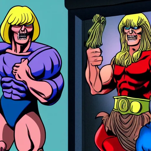 Prompt: he - man fights skeletor hyper realistic in the white house