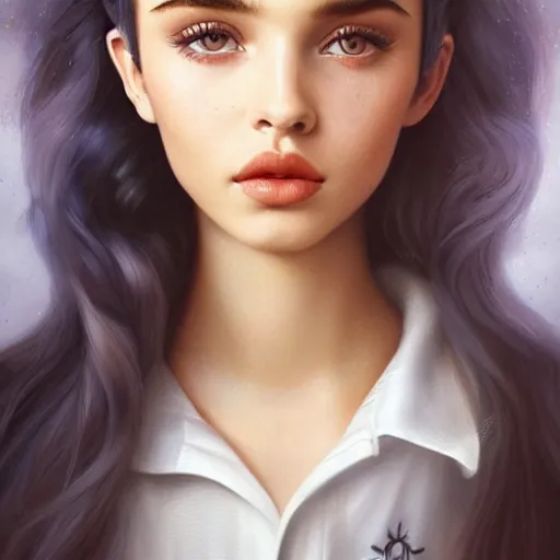 Image similar to tom bagshaw, very beautiful mix of madison beer and bella poarch and dove cameron in a sailor suit flirting smile, randomly lustrous dyed hair, professionally retouched, focus eyes, ultra realistic soft painting, insanely detailed linework, symmetrical accurate intricate features, behance artstation, 8 k, - signature