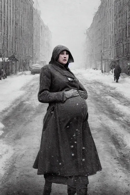 Image similar to full-length portrait of a pregnant woman on the street of besieged Leningrad, historically reliable photo chronicle, winter 1941, , ultra detailed, digital art, octane render, 4K, dystopian, micro details, by Greg Rutkowski and Raymond Swanland, Trending on Artstation