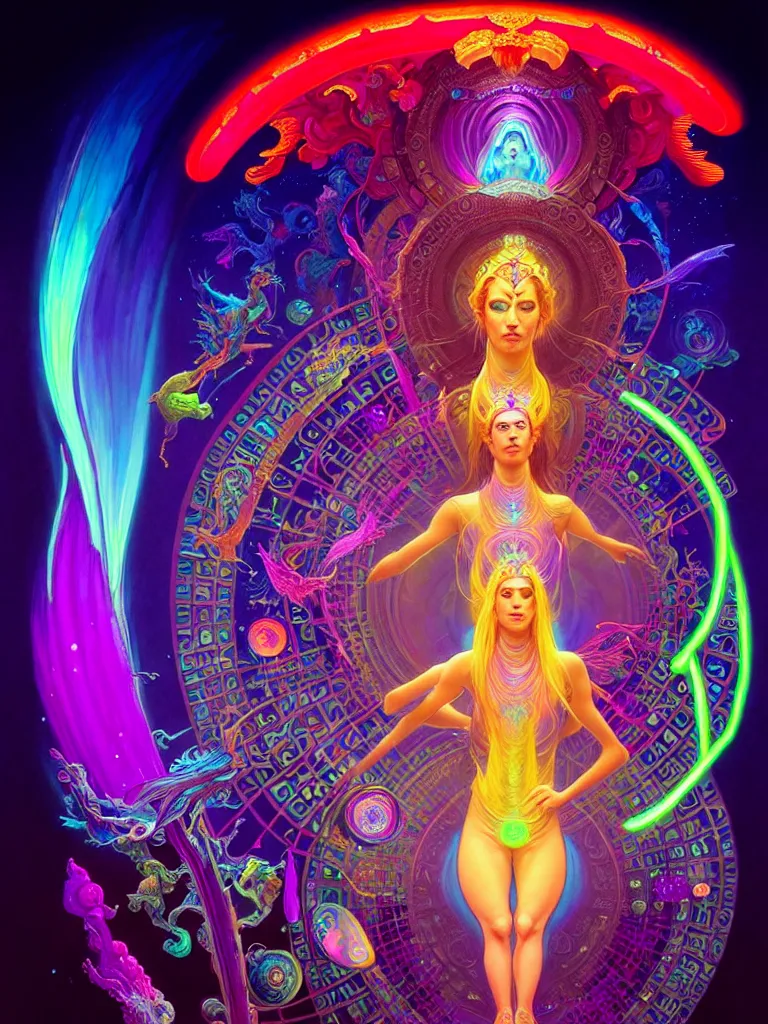 Image similar to epic scale cinematic full view chromaticity dmt goddess alex grey character concept of a beautiful colorful crystals powder liquids, glowing fluorescent velvet neon blacklight hues and saturation, sacred dmt color deity visionary fantasy art by greg rutkowski android jones artgerm alphonse max chroma mucha rule of thirds golden ratio sacred geometry ai generated art centered symmetrical threefold symmetry