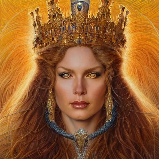 Image similar to highly detailed portrait of a majestic lioness queen in the form of a beautiful woman. d & d. art by donato giancola, arthur adams, anna dittmann, alberto vargas. trending on artstation, intricate details, energetic composition, golden ratio, concept art, illustration, elegant art, global illuminaition