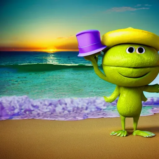 Prompt: 3 d render, of anthropomorphic green lemon character, with lemon skin texture, he is wearing a hat, building a sandcastle on the beach at sunset, beach, huge waves, sun, clouds, long violet and green trees, rim light, cinematic photography, professional, sand, sandcastle, volumetric lightening