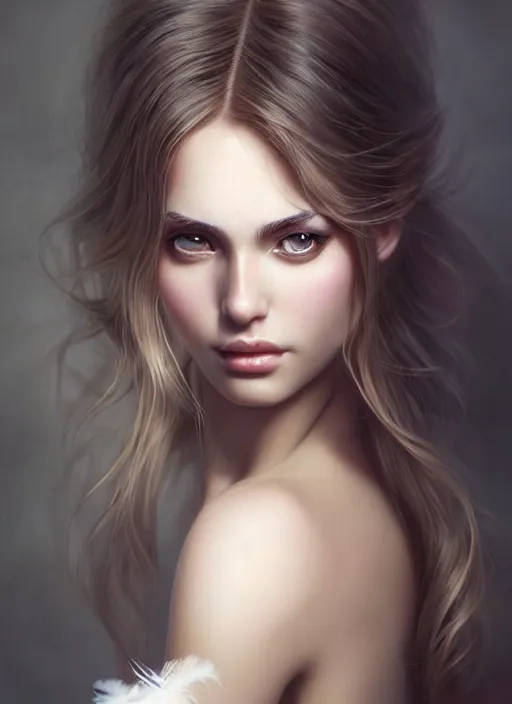 Image similar to a gorgeous female photo, professionally retouched, soft lighting, wearing a feather dress, realistic, smooth face, perfect eyes, wide angle, sharp focus on eyes, 8 k high definition, insanely detailed, intricate, elegant, art by artgerm and greg rutkowski and stefan kostic