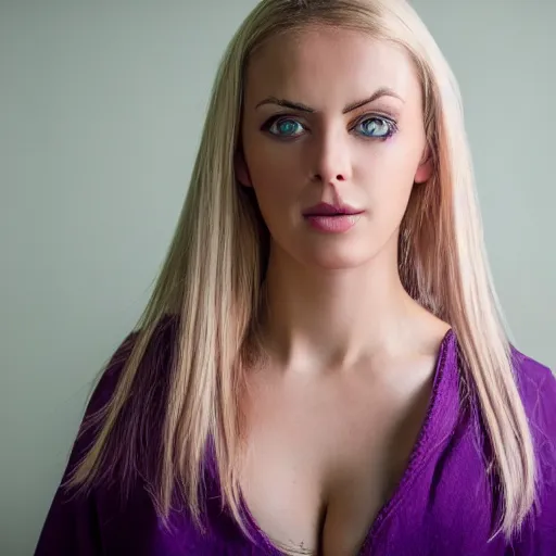 Prompt: photo of blonde woman with purple eyes