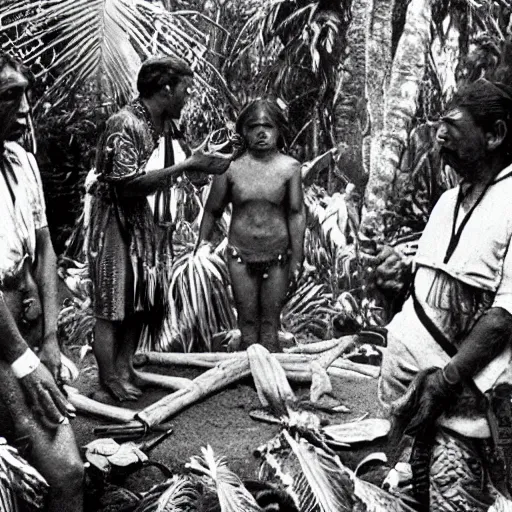 Image similar to a rizom lost film footage of a sacred ( ( ( indigenous ) ) ) artifact in the middle of the ( ( ( ( ( ( ( ( ( ( tropical jungle ) ) ) ) ) ) ) ) ) ) / ethnographic object / film still / cinematic / enhanced / 1 9 0 0 s / black and white / grain