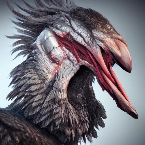 Image similar to realistic portrait of an axebeak, fantasy book, high detail, 8 k, octane render painting, dark fantasy