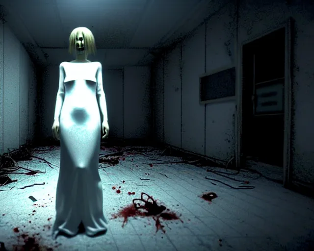 Prompt: creepy mangled woman wearing white dress standing in the backrooms, playable trailer, psychological horror, the eerie forlorn atmosphere of a place that's usually bustling with people but is now abandoned and quiet, buzzing fluorescent lights above the ceiling, unsettling images, liminal space, dark, created by hideo kojima