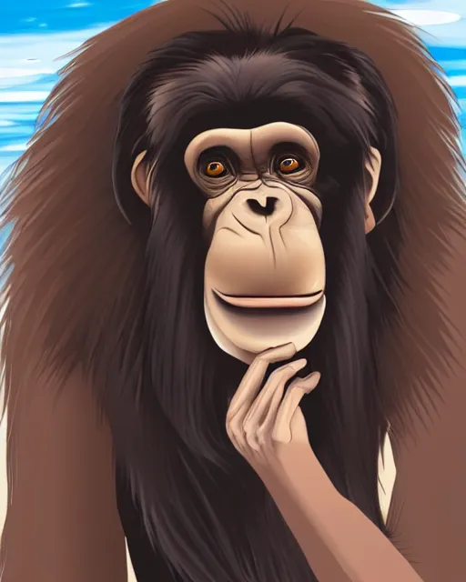 Image similar to a beautiful Ape girl, with long hair and a chimpanzee face, walks a long a beach far in Earth’s future. Her body is covered in fur and she is wearing clothes.