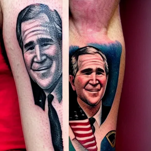 Prompt: tattoo of george w. bush with a mission accomplished! banner