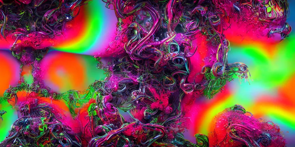 Image similar to impossibly beautiful exobiological organism screaming, intricate complexity, surreal horror, inverted neon rainbow drip paint, trending on art station, photoreal, 8 k, octane render