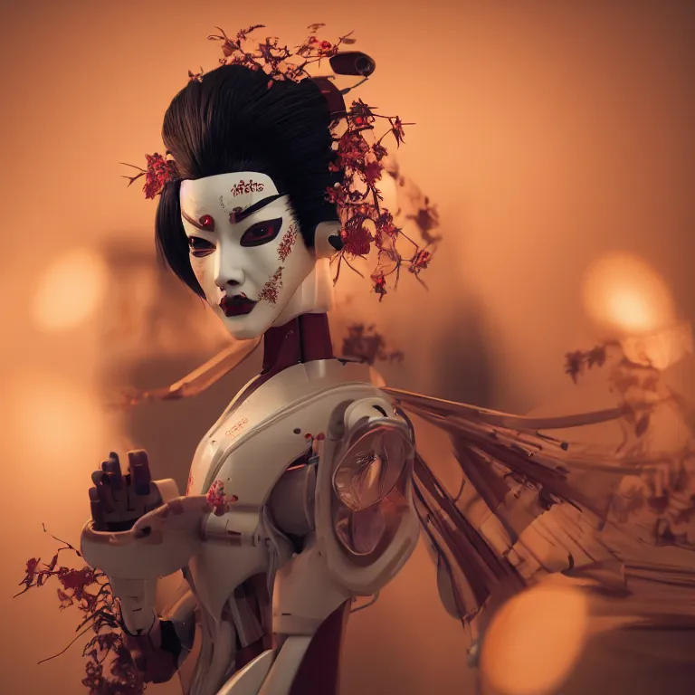 Image similar to a beautiful japanese geisha robot android portrait, kabuki mask, in the style of ash thorp, beautiful, diffuse cinematic lighting, anamorphic lens, anamorphic lens flare, hyper real, intricate detail, octane renderer, unreal engine 5