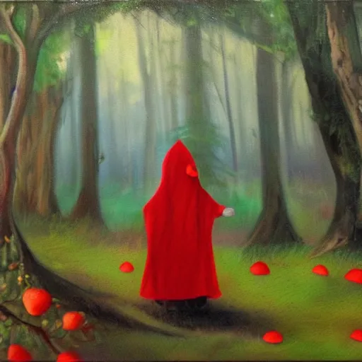 Prompt: little red hood picking mushrooms in the magic forest,oil painting.