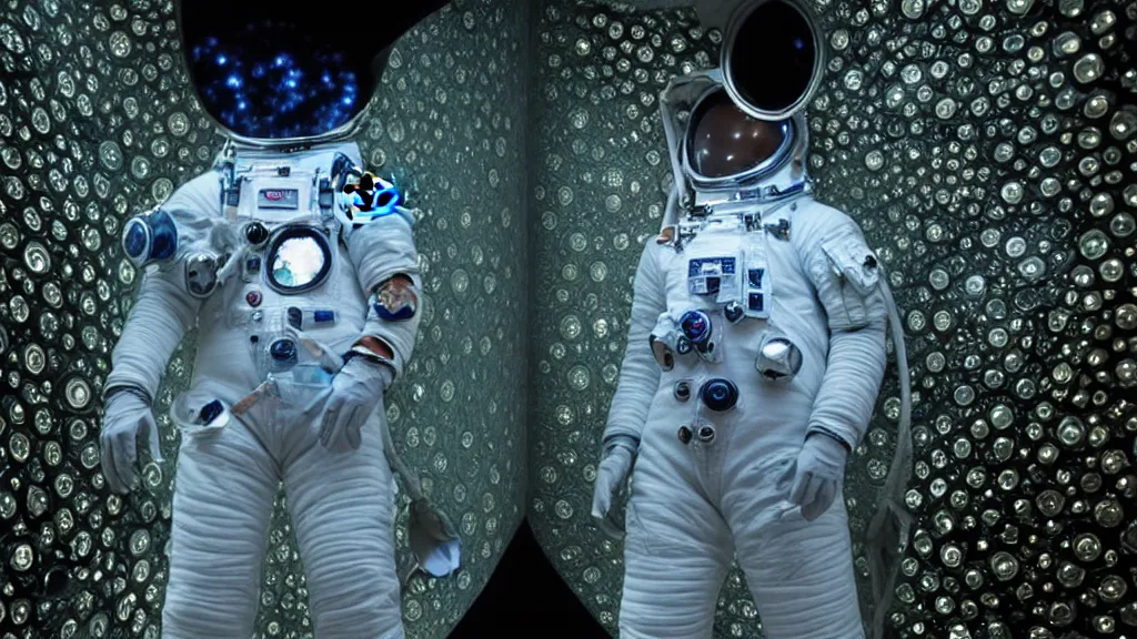 Image similar to a single astronaut eva suit made of diamond 3d fractal lace iridescent bubble 3d skin and covered with insectoid compound eye camera lenses floats through the living room, film still from the movie directed by Denis Villeneuve with art direction by Salvador Dalí, wide lens,