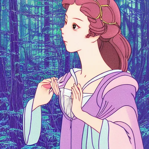 Image similar to a photograph, beauty & mystery of princess aurora. enigmatic smile and gaze invite us into her world, and we cannot help but be drawn in. soft features & delicate way she is dressed make her almost ethereal. landscape distance and mystery. what secrets princess aurora holds. sticker illustration by hayao miyazaki, by robert vonnoh swirling
