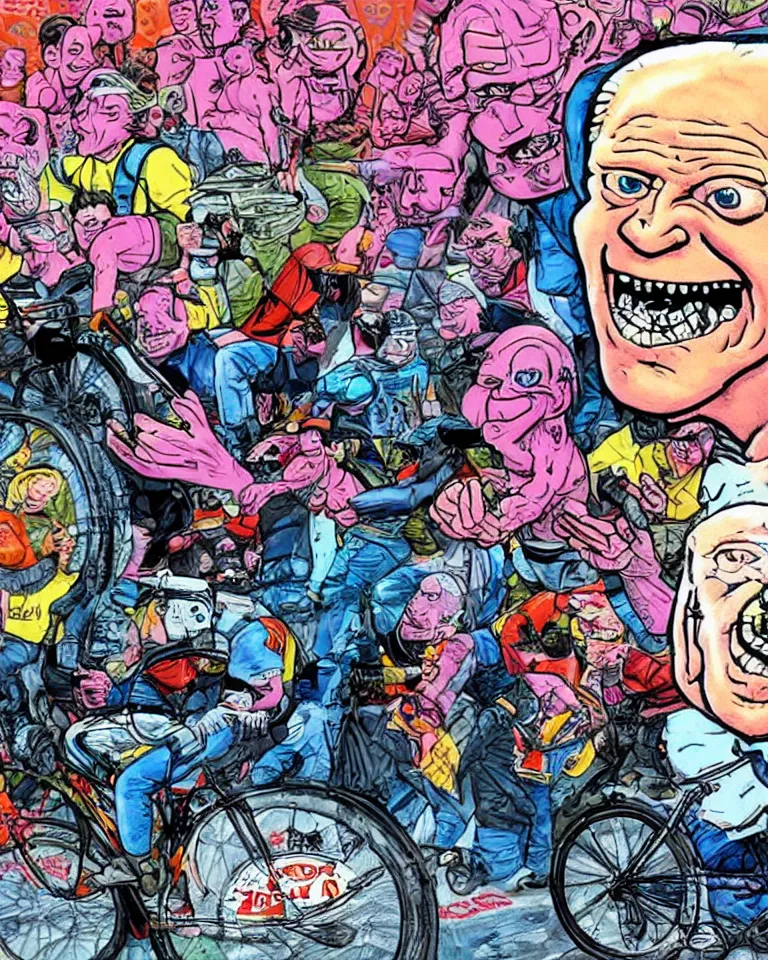 Prompt: massive krang joe biden, bicycle day, riding bike on lsd