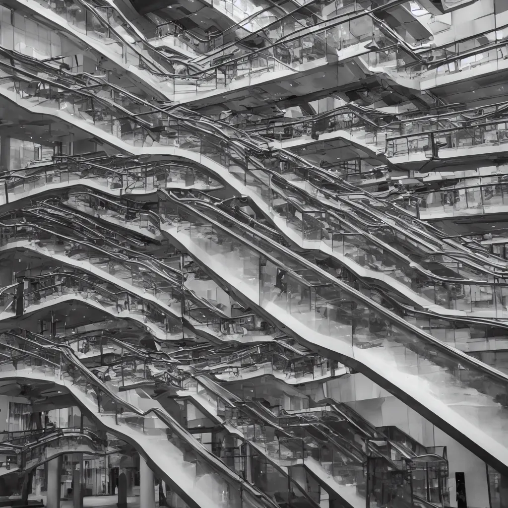 Image similar to m. c. escher - esque escalators that lead to nowhere