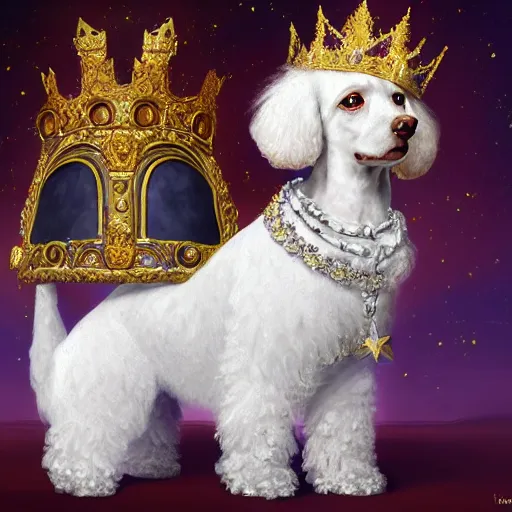 Image similar to oil painting portrait of a white poodle wearing medieval royal robe and an ornate crown on a dark nebula background digital Art, concept Art, highly detailed, 3-D 4K, trending on art station, Mark Brooks,