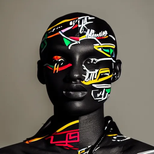 Image similar to dark black marble statue of a beautiful woman with colorful motocross logos in the style of virgil abloh, dark soft lighting, cinematic, very very beautiful, detailed, off white, heron preston, 8 k, 4 k, detailed, beautiful, symmetrical, vogue, editorial, fashion, magazine, museum lighting, night time, dark