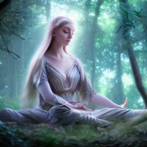 Image similar to elven princess meditating in forest, digital art, trending on artstation, ultra detailed, intricate, sacred geometry, serene, beautiful, photo, realistic, perfect, smooth, 8k