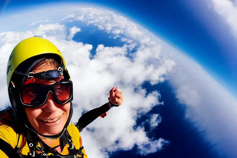 Prompt: Cinematography selfie gopro shot of a woman in a paraglide in Tenerife over the clouds a by Emmanuel Lubezky. Teide. Mar de nubes. Aerial