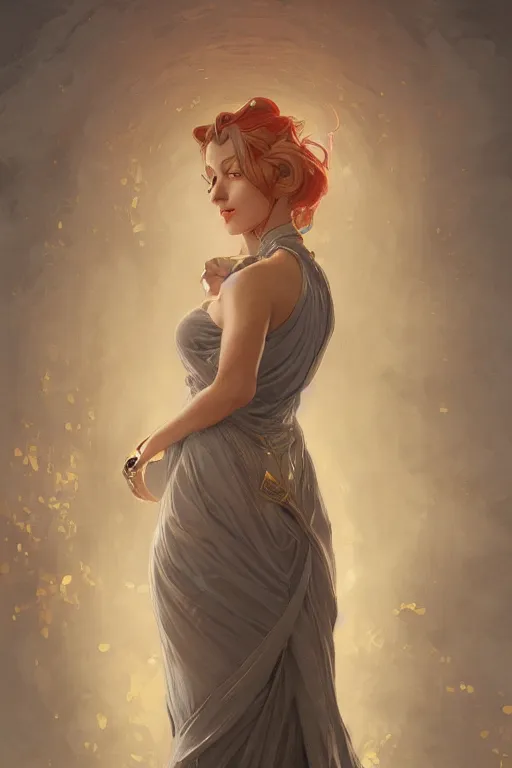 Image similar to a girl wearing a golden dress, grey hair, red necktie, cinematic, stunning, highly detailed, digital painting, artstation, smooth, hard focus, full body shot, illustration, art by artgerm and greg rutkowski and alphonse mucha