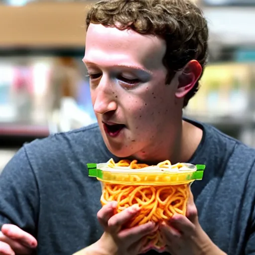 Image similar to mark zuckerberg eating gummy worm ramen