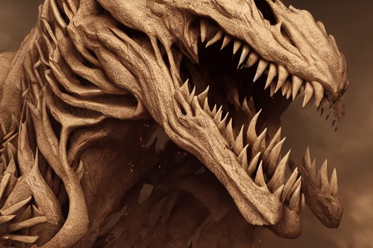 Image similar to cinematic closeup portrait of a roaring skeletal dragon in a sandstorm, detailed textures, dramatic lighting, unreal engine, cgsociety, artstation, 4k