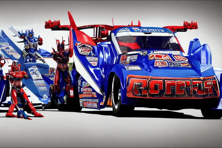 Prompt: optimus prime being piloted by 4 greasy goblins, NASCAR, history channel, black and white